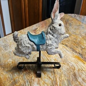 Gray and Blue Rabbit Figurine On Metal Base